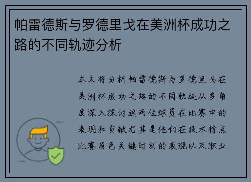 帕雷德斯与罗德里戈在美洲杯成功之路的不同轨迹分析